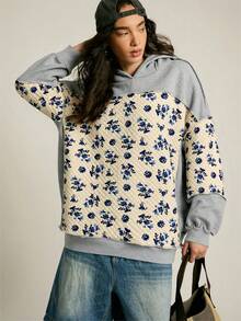 SoleilVie 女士花卉拼接宽松复古卫衣，女士秋冬复古花卉拼接纯色宽松长袖加厚连帽卫衣，适合外出、休闲活动和通勤上班。女士休闲上衣，女士复古落肩长袖连帽卫衣，拼接休闲宽松版型，适合冬季穿着，舒适保暖，非常适合万圣节和圣诞节等节日，也可以作为新年服装或新年造型穿着。 - 灰色 - 查看 5