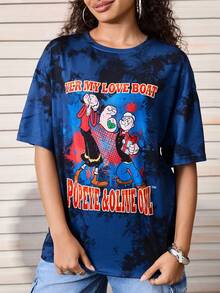 Popeye X SHEIN Damska luźna koszulka z krótkim rękawem i okrągłym dekoltem w stylu tie-dye z kreskówkowym wzorem, na lato - Granatowy - Zobacz 5