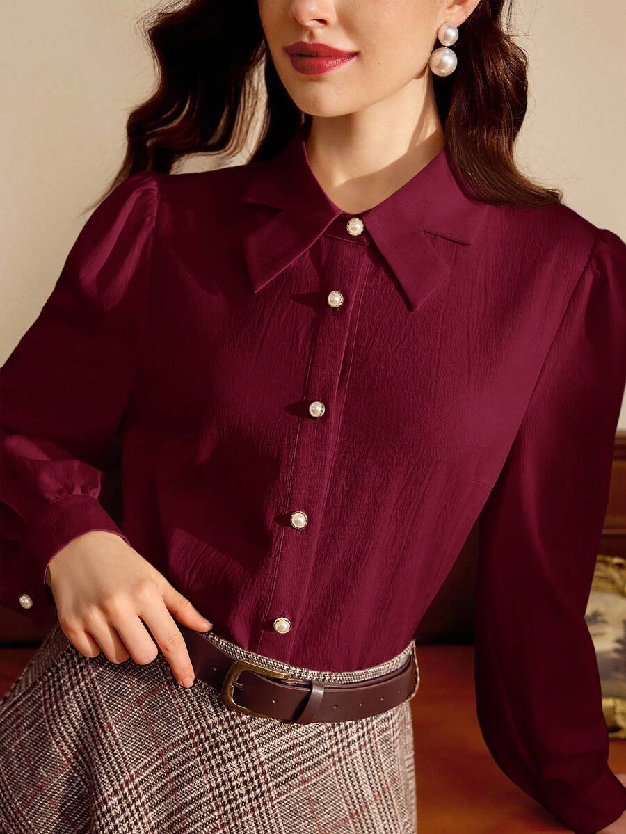 Vintamour Vintage Elegant Women's Shirt Collar Bow Faux Pearl Button Casual Vacation Blouse Teacher For Women Fall Vacation Going Out Business Casual Office, For Women Country Concert Christmas Church Tops, Old Money Style Women Cute Top Classy Burgundy Top,Red Tops For Women New Year Valentine