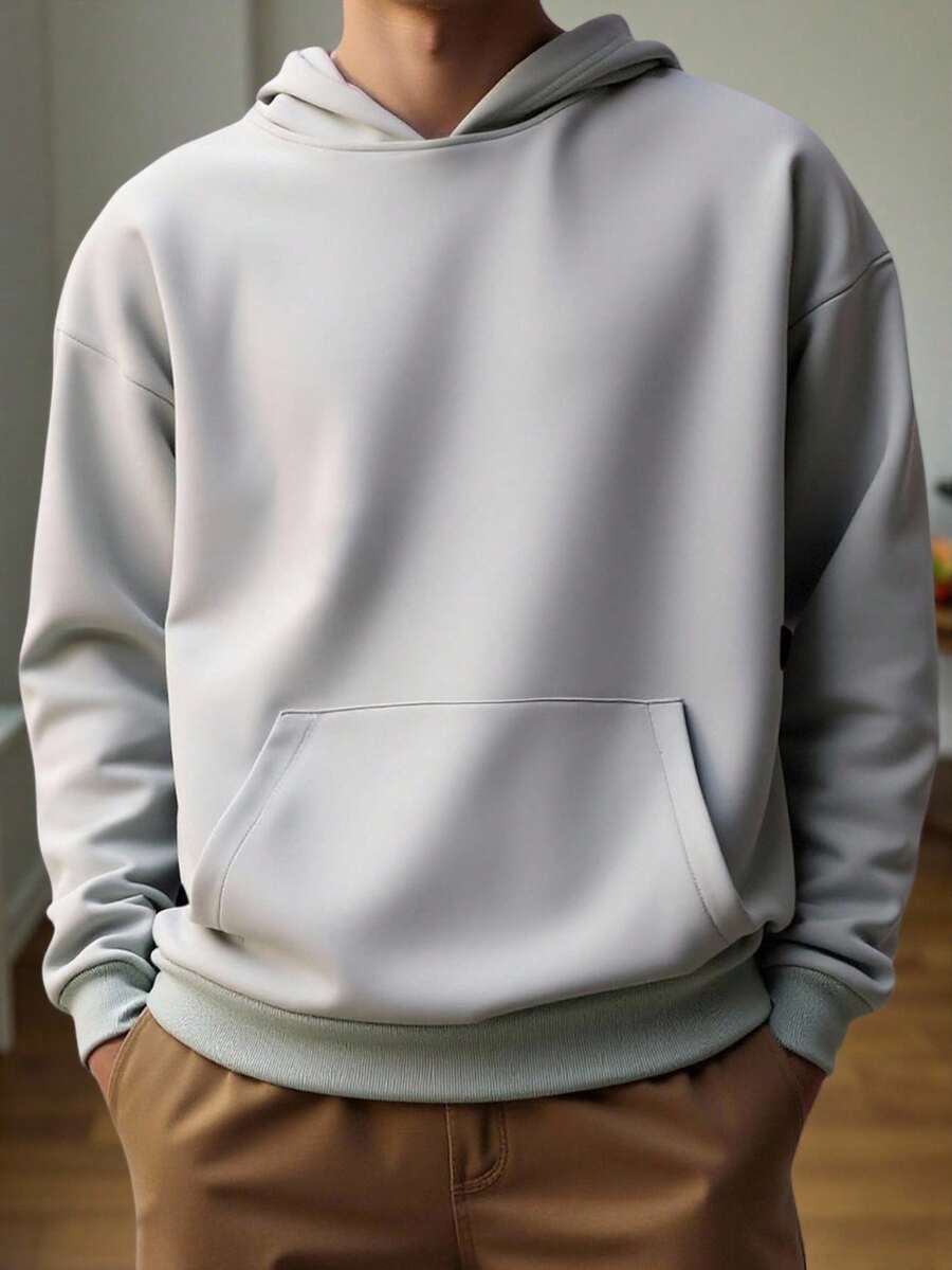 Manfinity Roghcode Men's Solid Color Drop Shoulder Casual Loose Fit Hoodie Blank Hoodie Light Grey Hoodie Sp5der Hoodie Hoodie Men, Long Sleeve Top - Grey - View 1