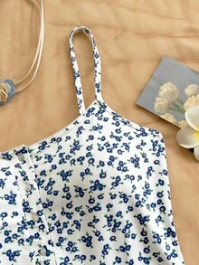 Soleia New Adjustable Strap Ditsy Floral Romper, Suitable For Party, Date, Valentine's Day, Easter, Carnival, Afternoon Tea, Beach, Cruise, City Vacation, Bohemian, Boho, Romantic Floral, Vacation, Floral Beach, Beach Outfit For Women Summer - Multicolor - View 4