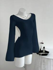 Elamini Women's Autumn/Winter Minimalist Sexy Open Back Flare Sleeve Fitted Sweater Dress - Navy Blue - View 2