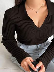 Dazy Plus Solid Color V-Neck Elastic Fitted Long Sleeve Burgundy Pullover Sweater - Chocolate Brown - View 1