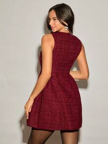 Enchnt Winter Romantic Women's Elegant Red Tweed V-Neck Single-Breasted Sleeveless Elegant Mini Dress,Chic&Elegant For Date&Going Out&Daily Commute&Afternoon Tea,Christmas Dress,New Year Dress,Red Dress,Winter Dresses For Women,Winter Outfits For Women,Dresses For Women Elegan - Burgundy - View 8