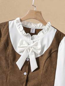 Teen Girl Butterfly Decor Contrast Color Long Sleeve T-Shirt And Solid Color Mini Skirt Vintage Set - Brown - View 7