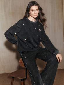 Anewsta Petite New Fashion Design Women's Asymmetrical Pearl Beaded Straight Leg Casual Sweatpants, Suitable For Festival, Winter, Autumn, Spring, Chic, Black Pants, Stylish Women's Pants - Black - View 7