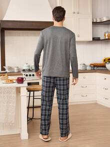 CoupledUp 男士休闲圆领长袖上衣和梭织长裤睡衣套装，秋冬服装 - 深灰色 - 查看 4