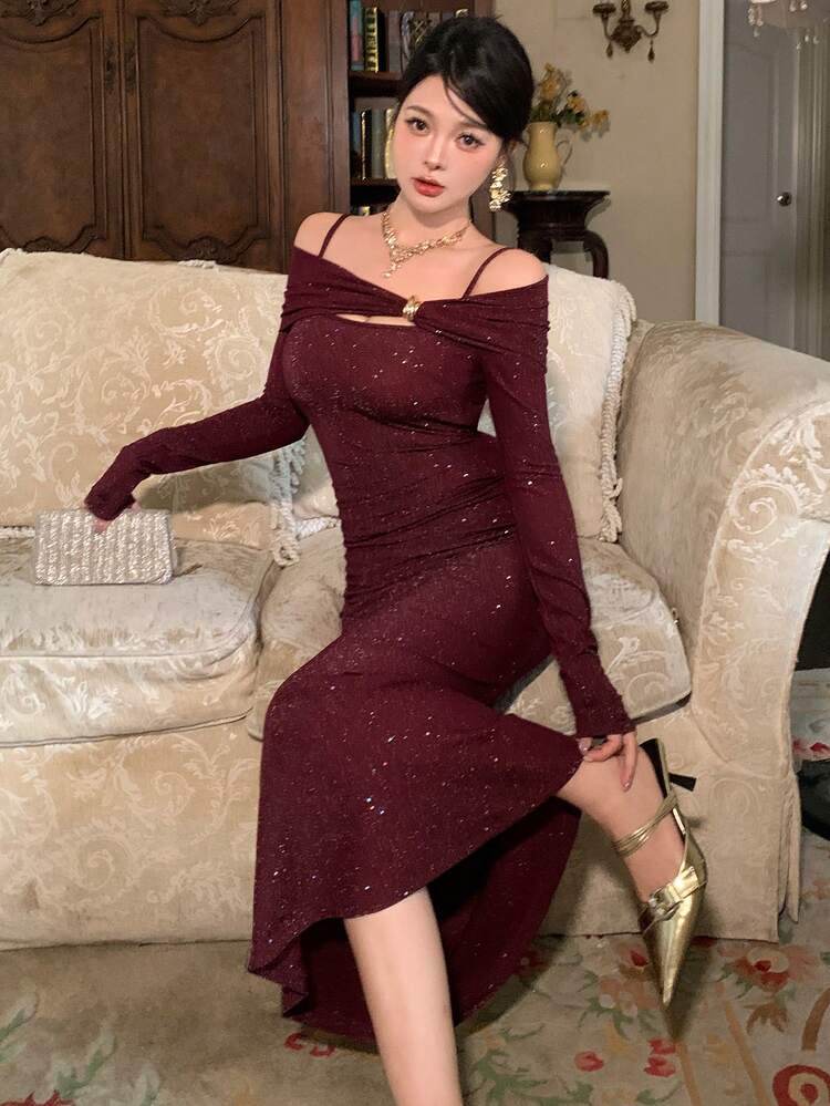 Women's Sequin Decor Fitted Long Off Shoulder Long Sleeve Elegant Dress New Year Christmas