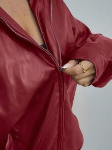 SAYEHFBABY Chaqueta negra de PU con cremallera y hombros caídos para otoño/invierno - Rojo - Ver 3