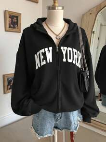 Lalippa Women's Letter Print Drop Shoulder Long Sleeve Zip Front Casual Hoodie Sweatshirt, Autumn/Winter