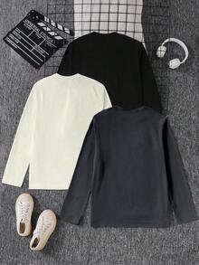 Vacaura 3pcs/Set Teenage Boys Casual Letter Print Crew Neck Long Sleeve T-Shirts, Suitable For Leisure, Street, Commute, Layering In Autumn/Winter - Multicolor - View 2