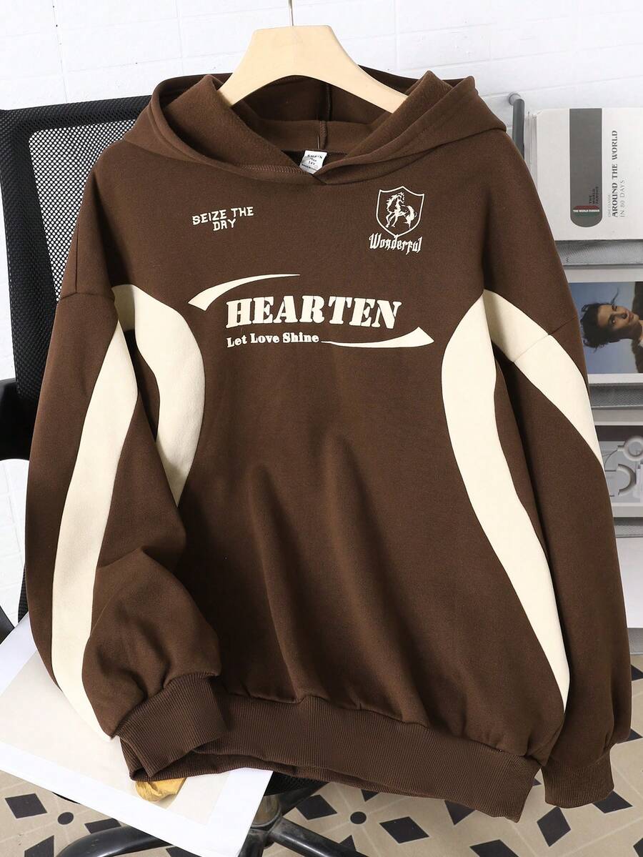 SHEIN Teen Girl Colorblock Letter Print Pattern Loose Casual Sweatshirt - Brown - View 1