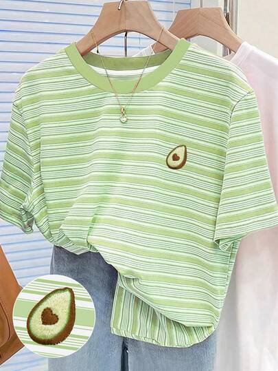 SHEIN Colorful Striped Digital Print Avocado Embroidery Casual Round Neck T-Shirt, A Gift For Friends