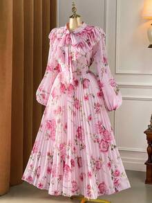 Rometta Váy maxi dài tay xếp ly họa tiết hoa lãng mạn cỡ lớn cho nữ có nơ thắt eo - Hồng - Xem 3