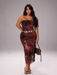 Rustia Váy suông hở vai cổ điển đính kim sa lấp lánh hoa hồng jacquard lưới nhung cho nữ - Cà phê nâu - Xem 5