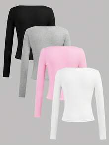 Girlism 4件套少女圆领长袖针织纯色修身百搭上衣，秋冬季百搭T恤 - 粉色 - 查看 2