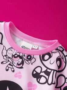 THE POWERPUFF GIRLS X SHEIN Young Girl Cute Cartoon Pattern Round Neck Drop Shoulder Long Sleeve Casual Knit Pullover Sweatshirt, Pink Cartoon Print Sweatshirt - Multicolor - View 4