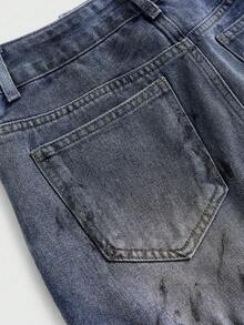 ROMWE Grunge Punk Romantic Punk, Collegiate Denim Patchwork Plaid Asymmetrical Hem Women Kpop Denim Mini Skirt - Medium Wash - View 4