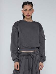 COUREZ 宽松圆领卫衣，外露缝线/Y2K风格女式冬季服装，冬季上衣运动套装，女士套装 - 深灰色 - 查看 1