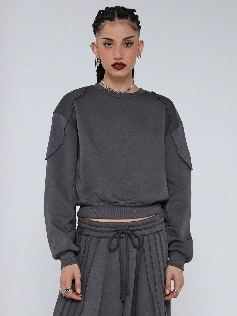 COUREZ 宽松圆领卫衣，外露缝线/Y2K风格女式冬季服装，冬季上衣运动套装，女士套装 - 深灰色 - 查看 1