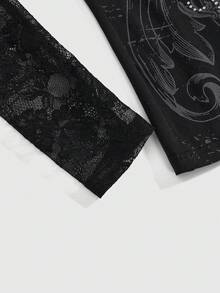 ROMWE Grunge Punk Women's Y2K Grunge Cross Print Lace Patchwork Long Sleeve T-Shirt - White - View 4