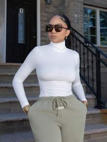 Melissa Matos Áo thun cổ lọ tay dài trơn màu thường ngày dành cho nữ, Thu/Đông - trắng - Xem 1