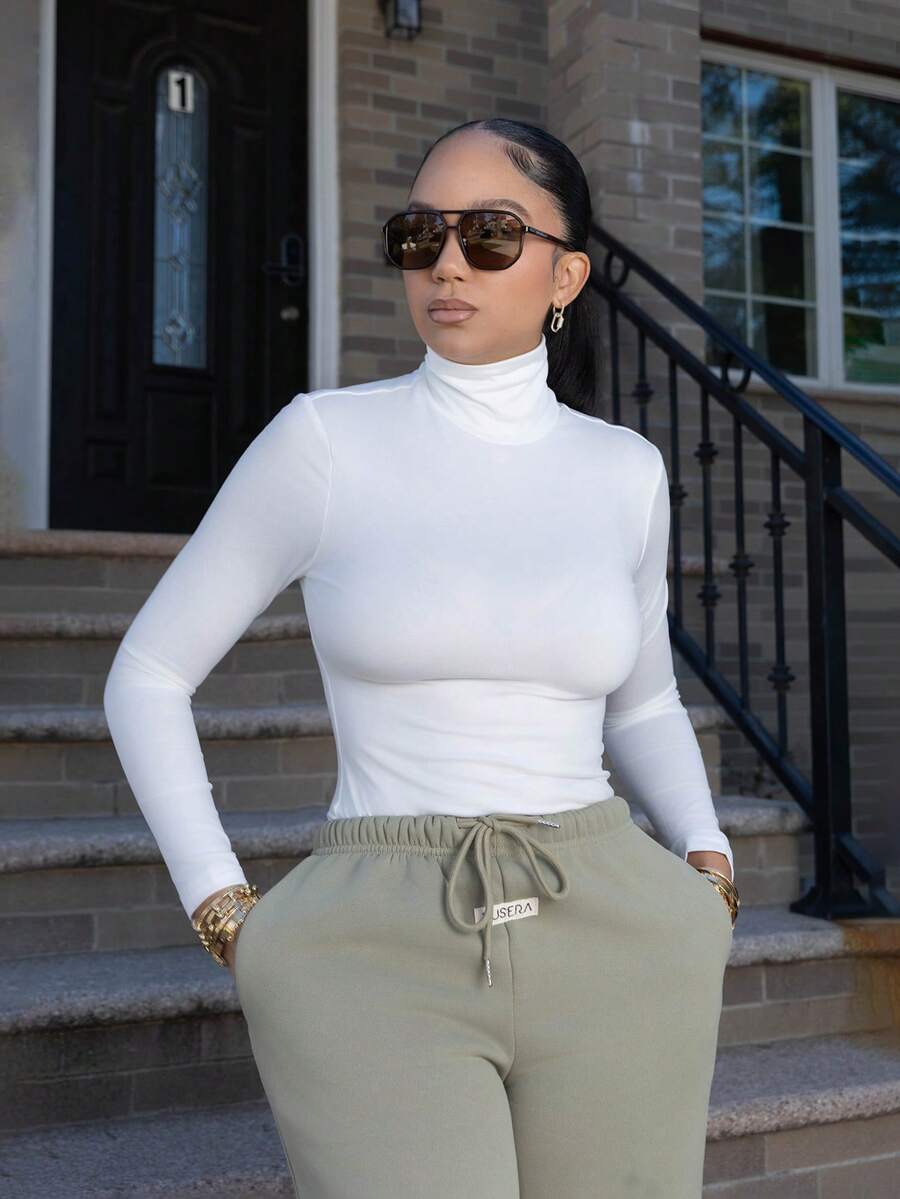 Melissa Matos Áo thun cổ lọ tay dài trơn màu thường ngày dành cho nữ, Thu/Đông - trắng - Xem 1
