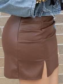 Melissa Matos Women's Brown Leather Mini Skirt With Side Slits And Ruched Detailing - Coffee Brown - View 4
