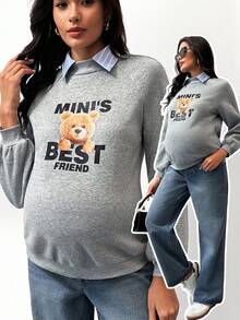 MaterniWear Maternity Cartoon Bear Print Raglan Sleeve Casual Sweatshirt   Winter