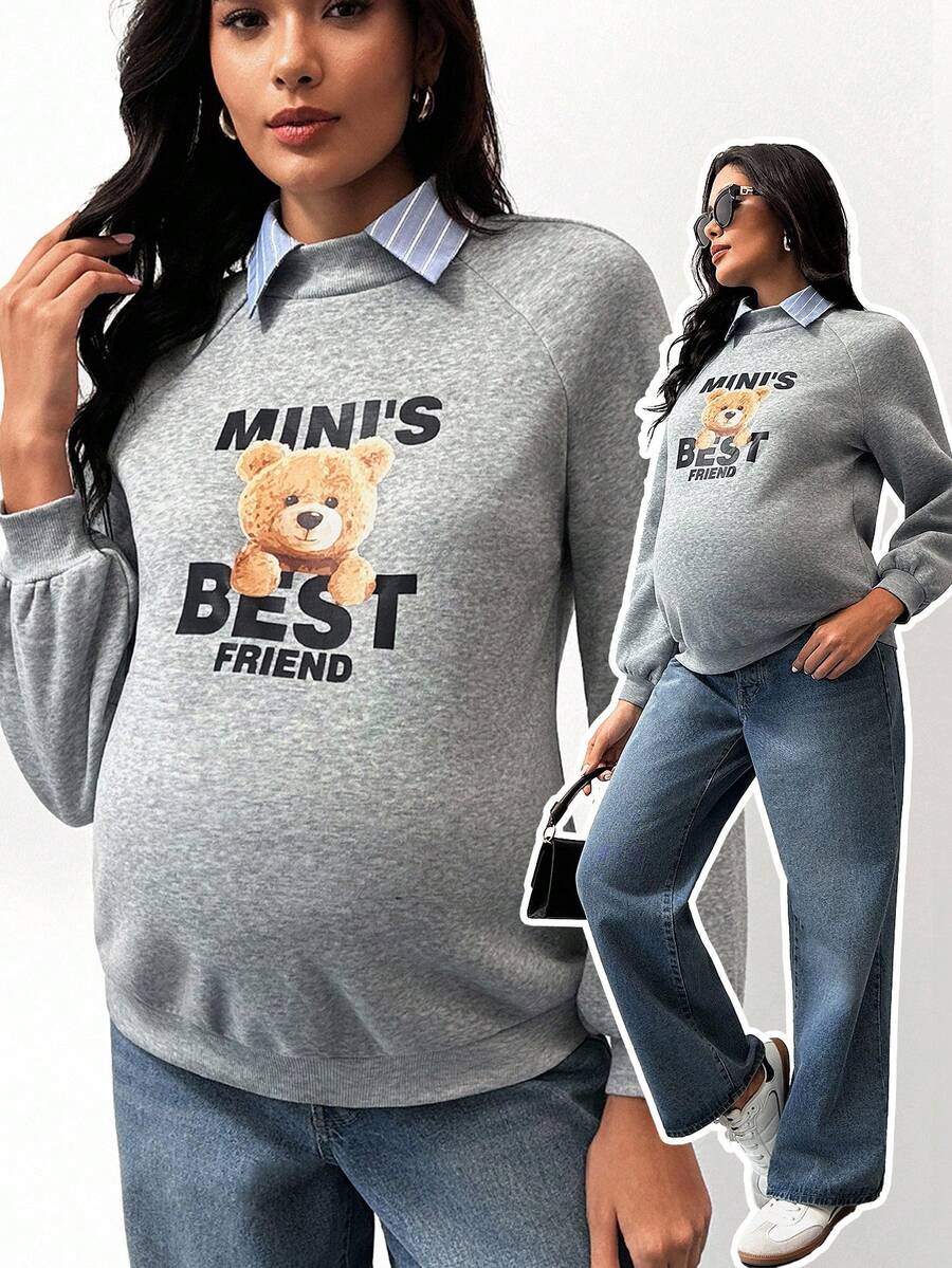 MaterniWear Maternity Cartoon Bear Print Raglan Sleeve Casual Sweatshirt   Winter