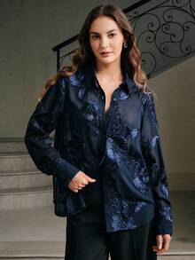 Anewsta Women's Elegant Retro French Floral Embroidery Sheer Blouse, Autumn Women Shirt - Navy Blue - View 3