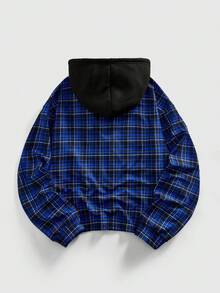 ROMWE MEN Street Life Sudadera con capucha con cremallera con estampado de cuadros y figuras en contraste para hombres, parte superior de manga larga - Azul - Ver 2