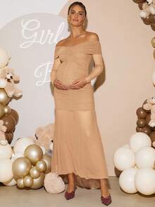 Loomaby Elegant Off-Shoulder Long Maternity Dress For Party, Beige Two Piece Sets,Pregnancy Photoshoot Dress,Babyshower,White,Autumn Maternity Dress - Apricot - View 5