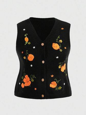 Fairycore Plus Size Vintage Pumpkin Vine Embroidery Sweater Vest, Autumn/Winter, Halloween