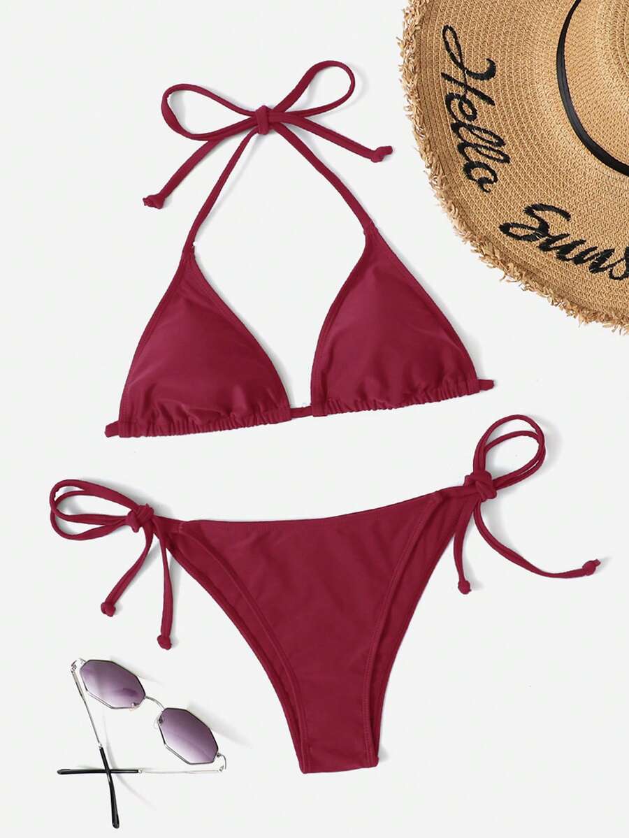 Swim Vcay Women's Solid Color Halter Tie Bikini Swimwear Set, Summer Beach Holiday Holiday Burgundy - Burgundy - View 1