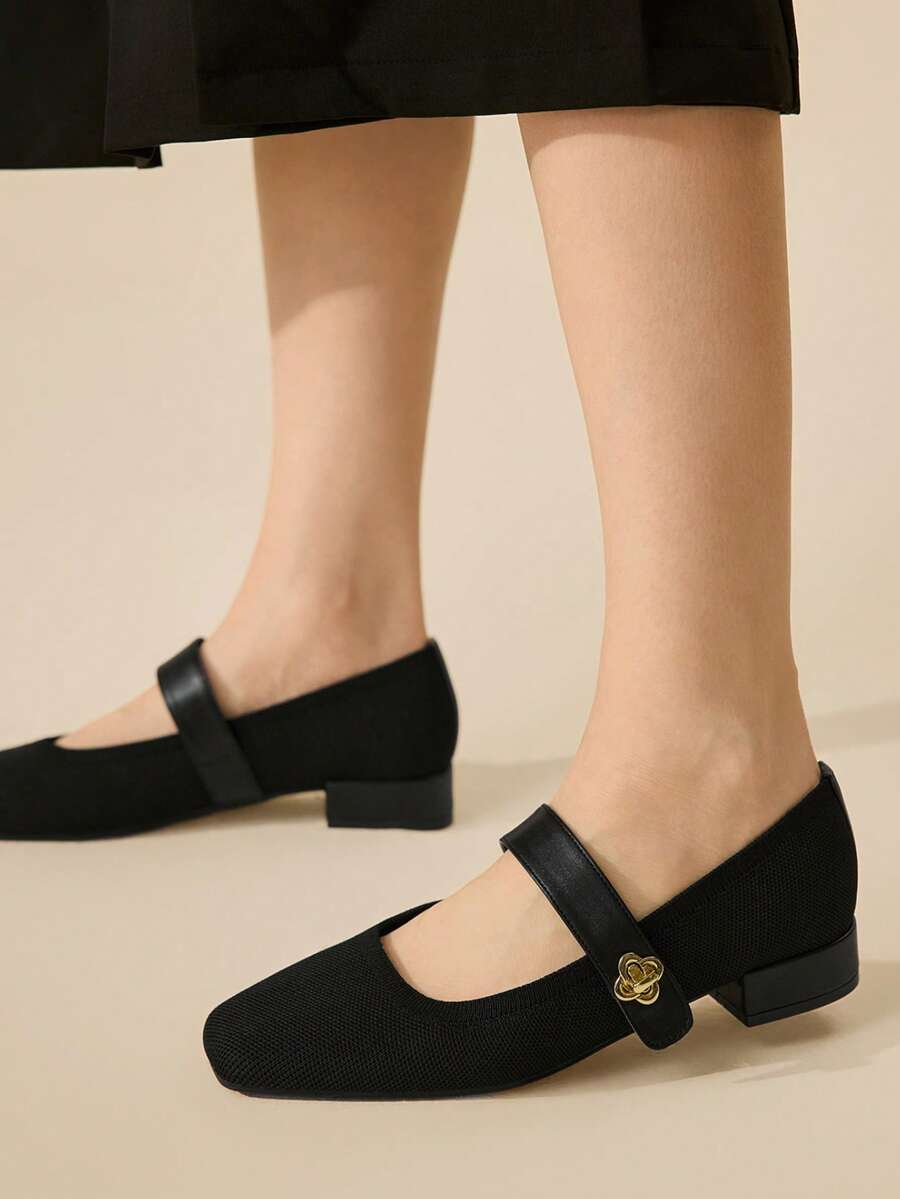 CUCCOO BASICS 女士圆头粗跟黑色玛丽珍鞋，舒适优雅，适合办公室穿着。 - 黑色 - 查看 1