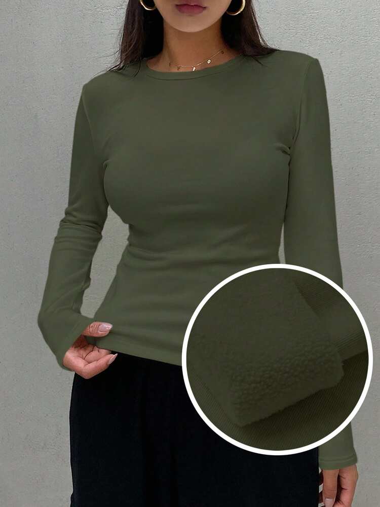 Women's Casual Everyday Commute Simple Solid Color Thermal Lined Long Sleeve Fitted T-Shirt, Autumn/Winter
