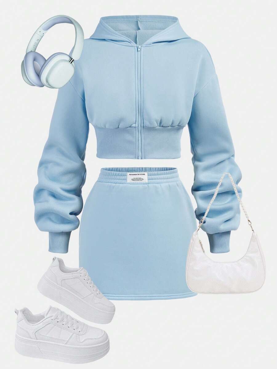 SHEIN Girlism 2pcs/Set Teen Girl All-Match Casual Varsity Jacket And Mini Skirt - Blue - View 1