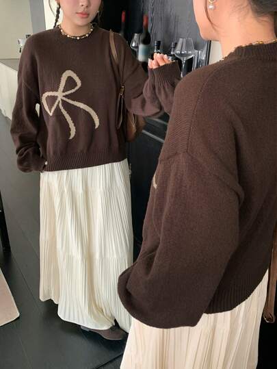 Dazy Plus 蝴蝶结提花休闲圆领加大码可爱女式毛衣，秋冬款