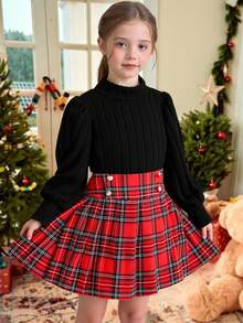 2 件套年轻女孩基本款高领针织泡泡袖上衣和编织格子百褶裙，圣诞装 - 黑色 - 查看 2