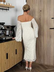 Bethéva Vestido ajustado de encaje de flores de malla con hombros descubiertos, estilo vintage elegante de punto jacquard para mujer. Atuendo casual para vacaciones, fiestas, verano. Vestido blanco de verano para mujer. Vestido de fiesta, cumpleaños, boda, Pascua, primavera. - Albaricoque - Ver 2