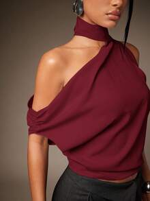 Hauture Blusa holgada con un hombro, cuello con pañuelo y pliegues, estilo básico y sexy para el verano - Rojo - Ver 4