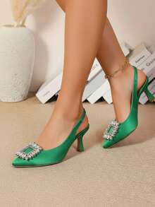 Zapato Mujer Pedrería Elegante Punta Cerrada Slingback Tacón Medio Estilo Formal Fiesta Primavera-Verano Salón - Verde - Ver 3