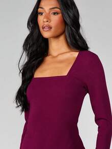 MISSGUIDED Square Neck Long Sleeve Bodycon Mini Dress With Side Slit Detail For Night And Party Occasions Christmas - Burgundy - View 5