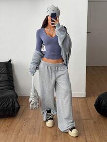 Coolane 女式秋冬街头服饰文艺复兴博览会基本款罗纹针织保暖/寒冷天气/保暖弹力长袖 V 领 T 恤 - 藍色 - 查看 2