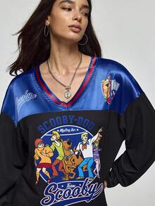 SCOOBY-DOO X SHEIN 女士休闲撞色卡通图案V领T恤，秋季款 - 黑色 - 查看 6