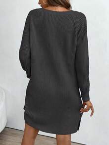 SHEIN LUNE V-Neck Button Casual Versatile Long Sleeve Sweater Dress - Dark Grey - View 2