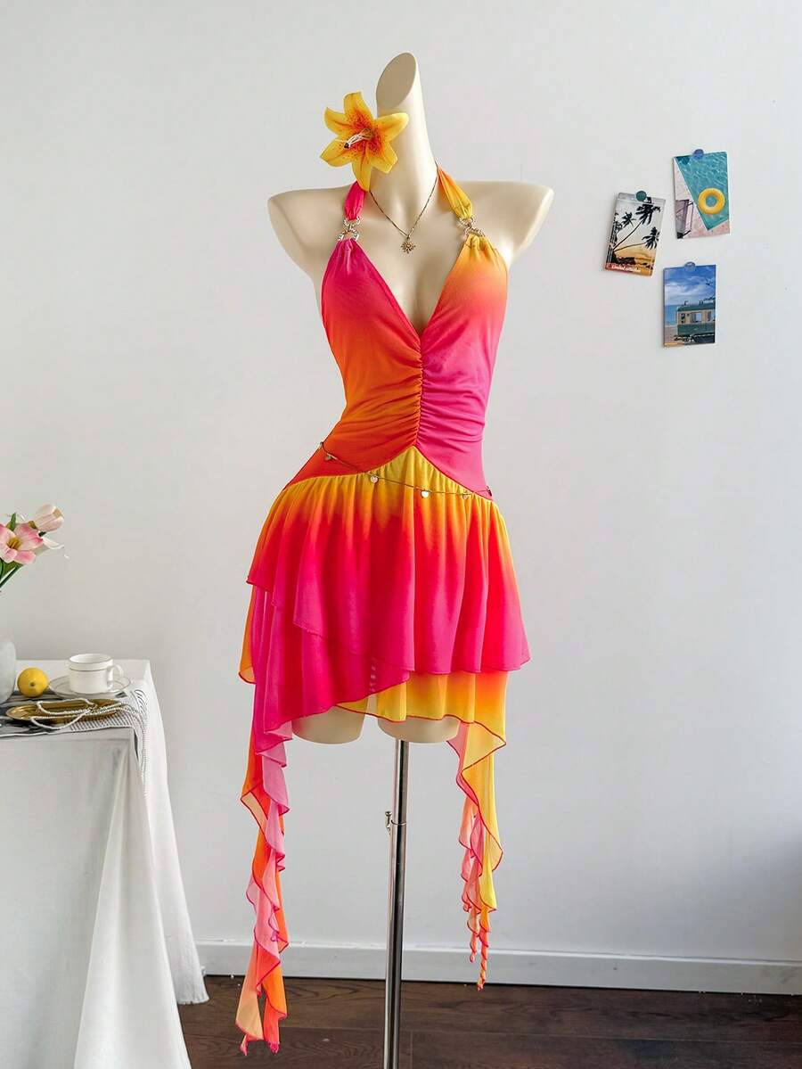 Soleia 女士浪漫度假露背针织网眼蓝色花卉印花连衣裙 - 彩色 - 查看 1