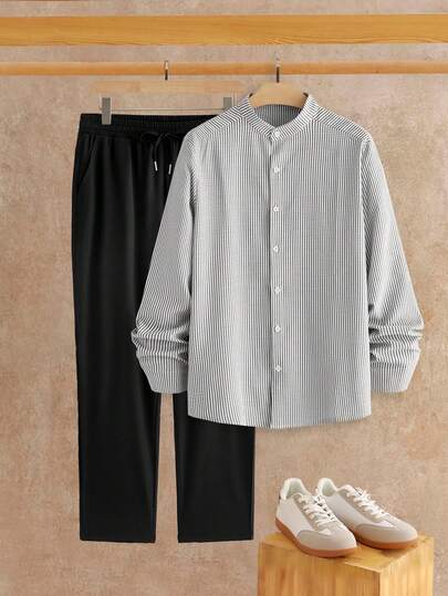 HIMLAND Men's Striped Long Sleeve Single-Breasted Shirt And Drawstring Waist Long Pants Casual Suit