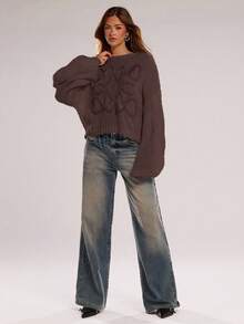 SHEIN BAE Áo len tay dài đèn lồng thời trang dành cho nữ - Cà phê nâu - Xem 3